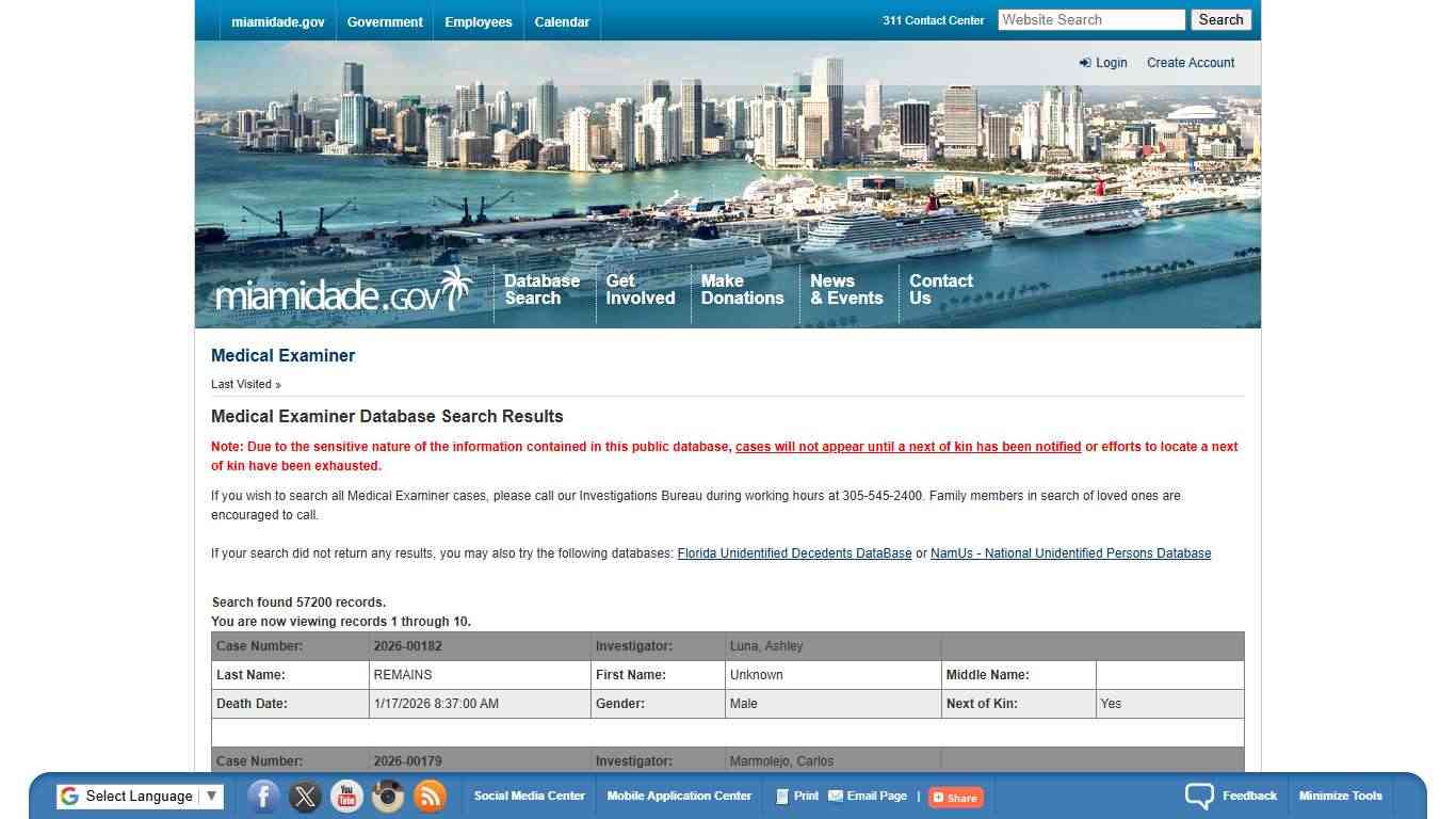 Miami-Dade County - Medical Examiner - Medical Examiner Database Search Results